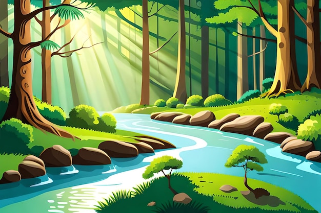 A river in a forest with a sunbeams