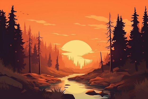 A river in a forest with a sunset and a forest scene.