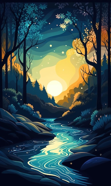 A river in the forest with a sunset