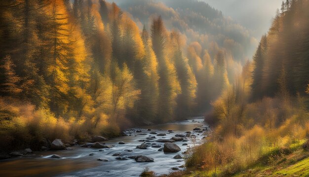 a river in the forest with trees and fog