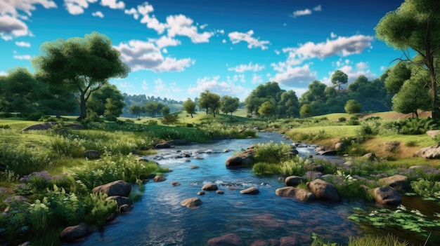 A river in a forest with trees and rocks