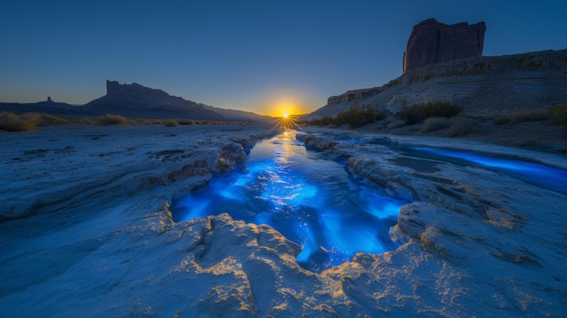 Foto fiume di liquido blu luminoso che scorre attraverso il deserto al tramonto con monoliti sullo sfondo