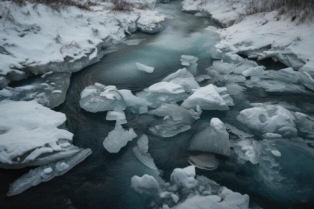 River of ice with broken and frozen pieces floating past each other