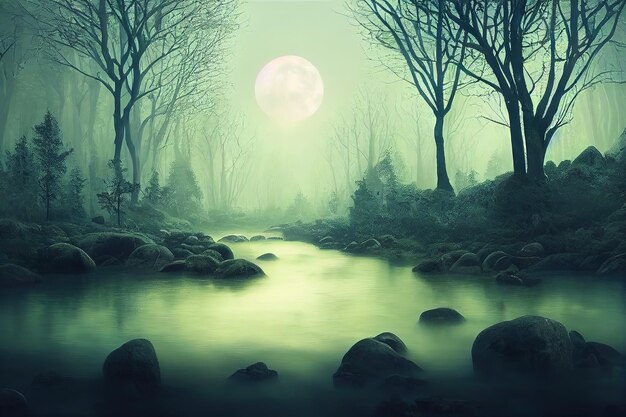 사진 해안에 돌이 있는 어두운 숲의 강 어두운 나무와 물 3d 그림 위에 달빛과 안개
