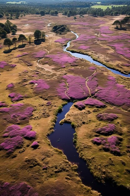 a river is flowing through a field with purple flowers