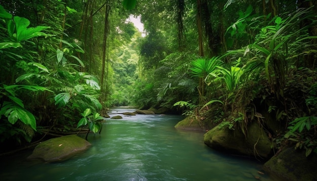 A river in the jungle with green vegetation