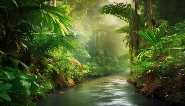 A river in the jungle with a jungle background