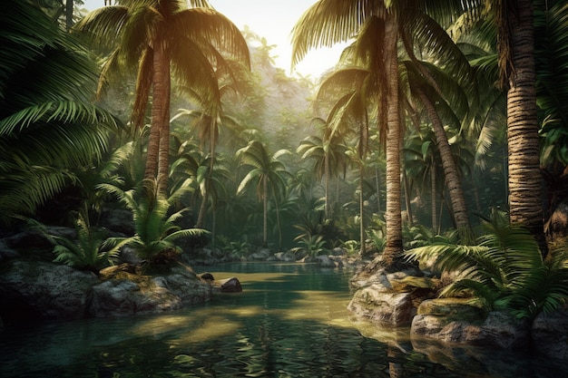 A river in the jungle with palm trees