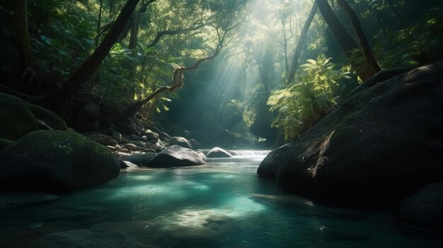 A river in the jungle with the sun shining through the trees