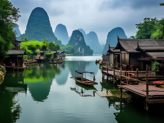 Photo a river landscape with boats and mountains in the background