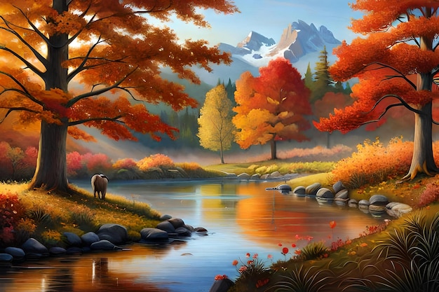 背景に馬と山が描かれた川の風景
