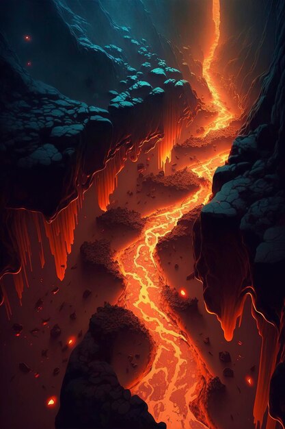 a river of lava flows through a hallway of caves