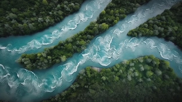 The river loops through the picture with flowing water