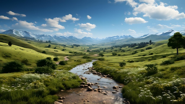 A river meanders through a picturesque landscape of rolling hills Generative AI