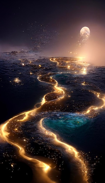 River in the middle of the ocean at night generative ai