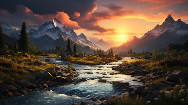 River in mountain at sunset