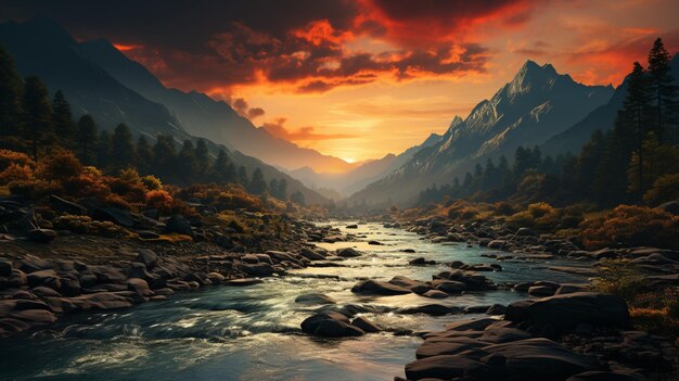 River in mountain at sunset