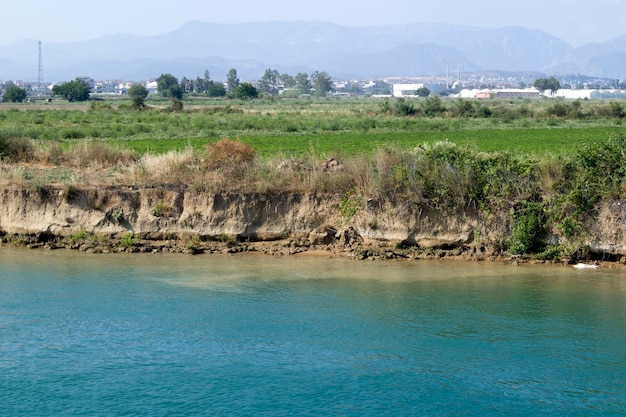 River and mountains on background summer scenery turkey countryside blue green water sunny day with clear sky