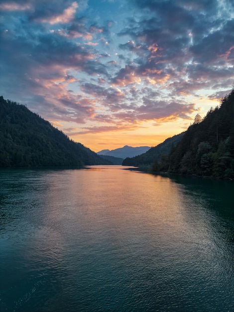 River and mountains in canadian nature during colorful sunset harrison river