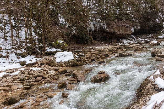 Fiume in montagna. zona montuosa. foto su una lunga esposizione, giornata nuvolosa. cascate in montagna nella foresta, paesaggio invernale di fiumi di montagna