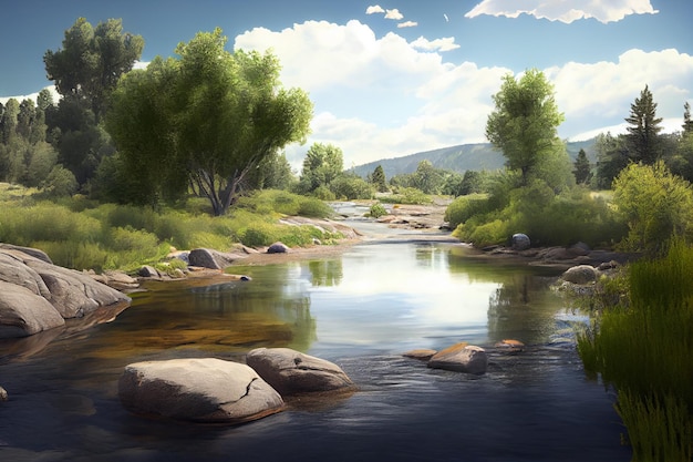 A river in the mountains with a blue sky and clouds