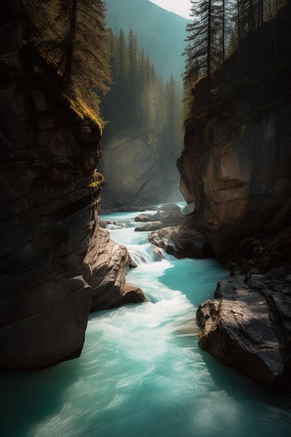 A river in the mountains with a blue sky and the sun shining through the water.