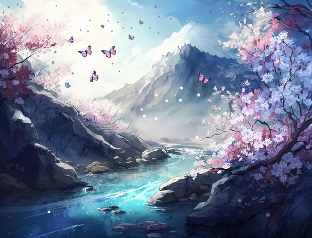 A river in the mountains with a butterfly on it