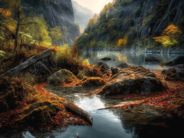 A river in the mountains with a colorful scene