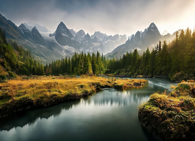 A river in the mountains with a mountain in the background