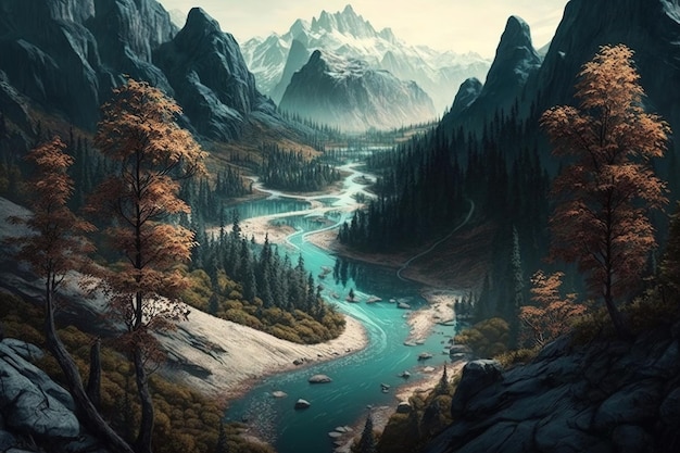 A river in the mountains with the name of the mountain on the left