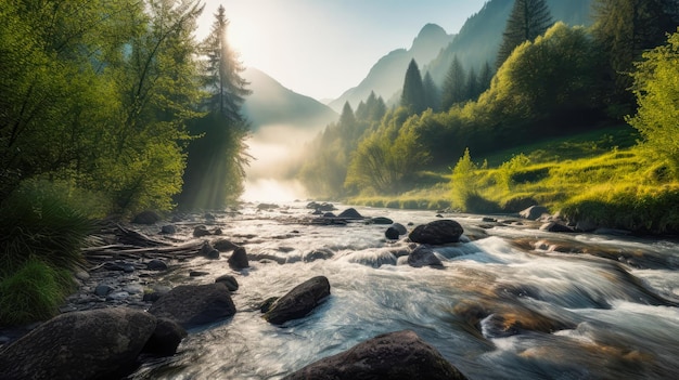 A river in the mountains with the sun shining on it