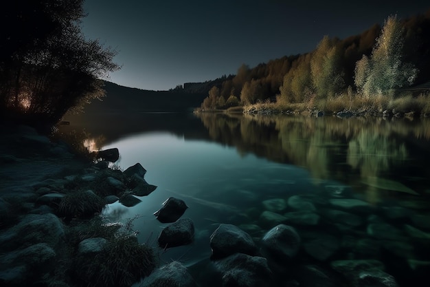 A river in the night with a blue sky and trees