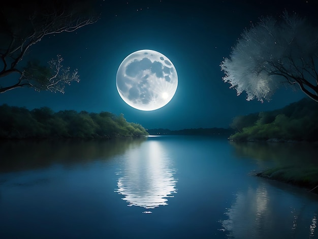 River at night with a full moon ai generated