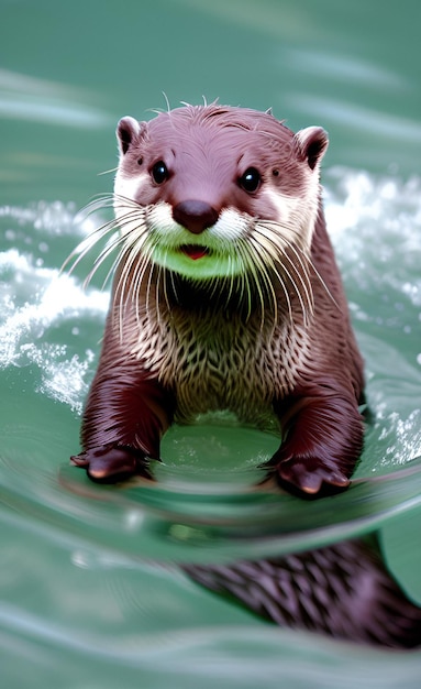 A river otter is swimming in the water