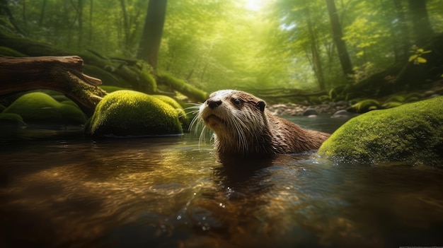 A river otter swims in a forest with green moss and rocks.