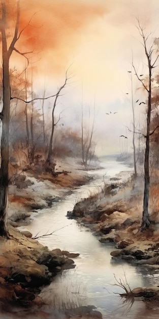 River Painting In Watercolor Style