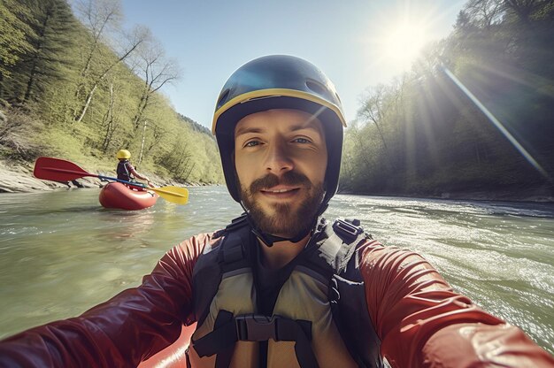 Photo river rafting man closeup selfie nature outdoor extreme travel fun risky generate ai