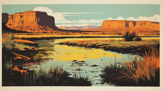 川の反射 ストーン・キャニオンの草原のポスター