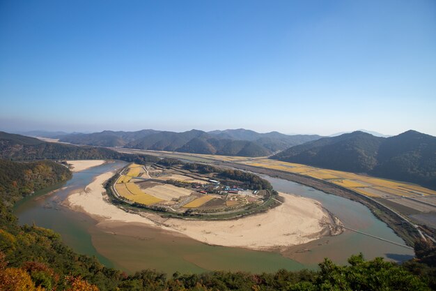 a river running around the village Hoeryongpo of Korea