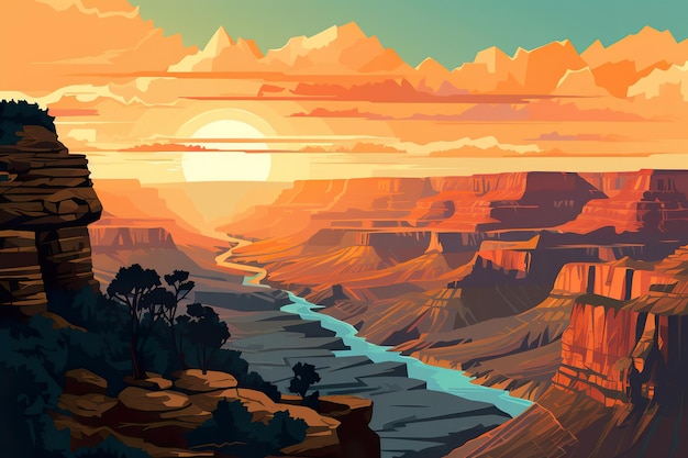 River running through a canyon at sunset Generative Ai