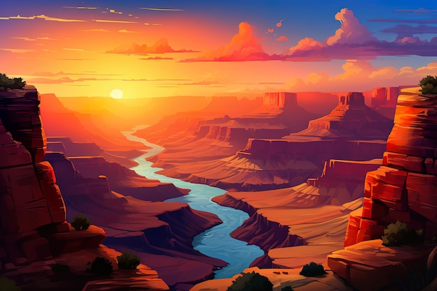 River running through a canyon at sunset Generative Ai