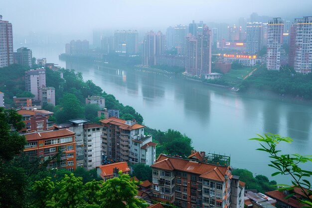 A river running through a city next to tall buildings and trees in the foreground with a city