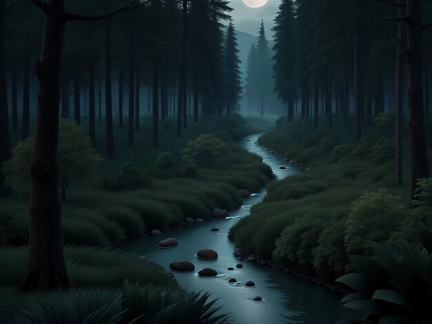 River running through a dark forest