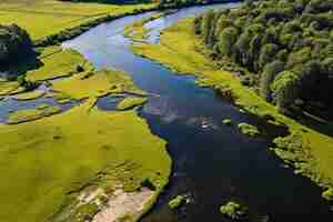 Photo river running through a green field with trees in the background