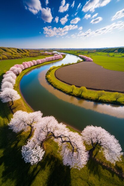 River running through a lush green field generative ai