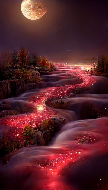 River running through a lush green forest under a full moon