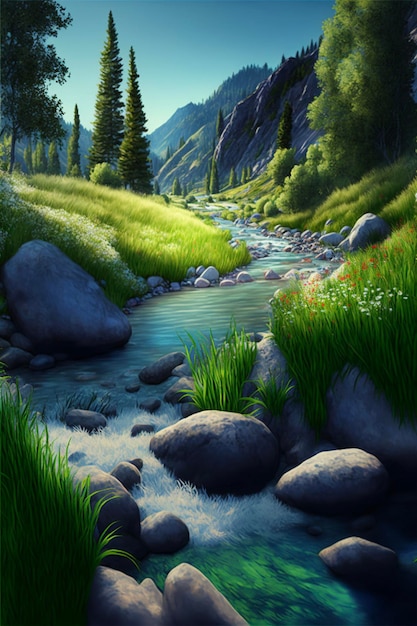 River running through a lush green forest generative ai