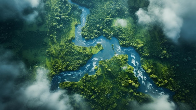 Река, протекающая через пышный зеленый лес