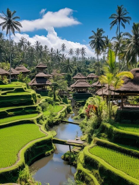 a river running through a lush green rice field