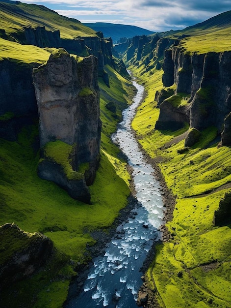 a river running through a lush green valley